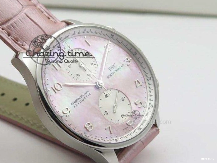 MIROTIME 0311 Portuguese 40mm Chrono SS Pink MOP Dial on Pink Leather Strap A Reliable 7391